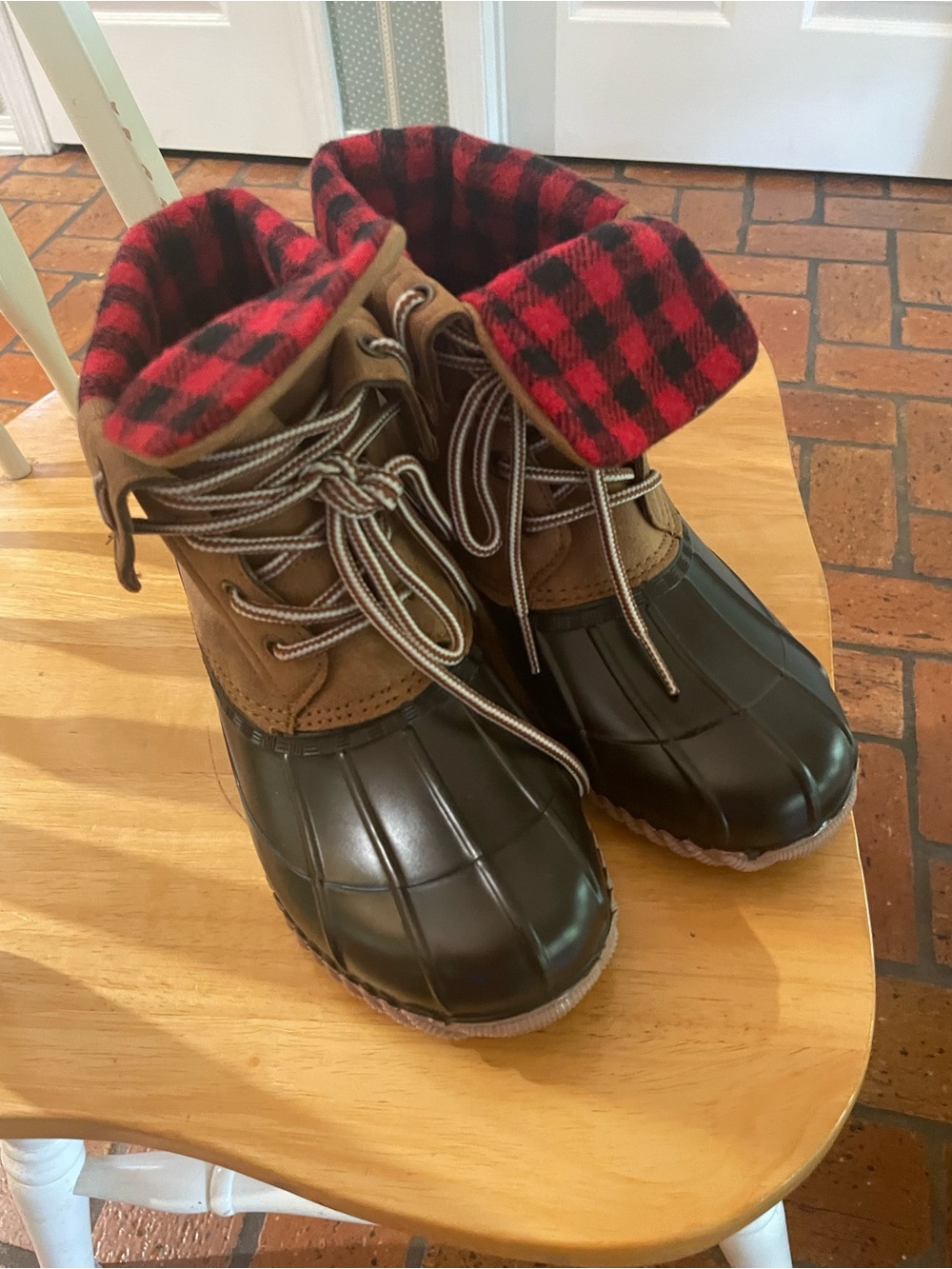 Women’s Waterproof Duck Boots with Red Buffalo Plaid Cuff - Brown & Black